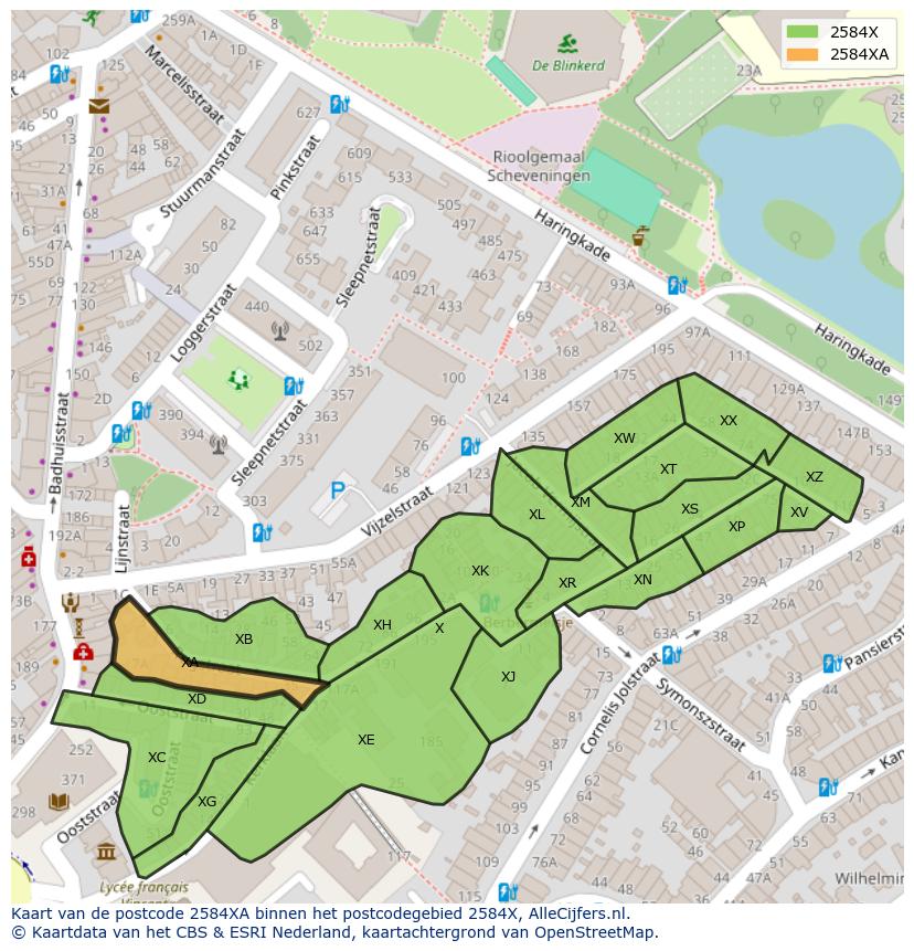 Afbeelding van het postcodegebied 2584 XA op de kaart.