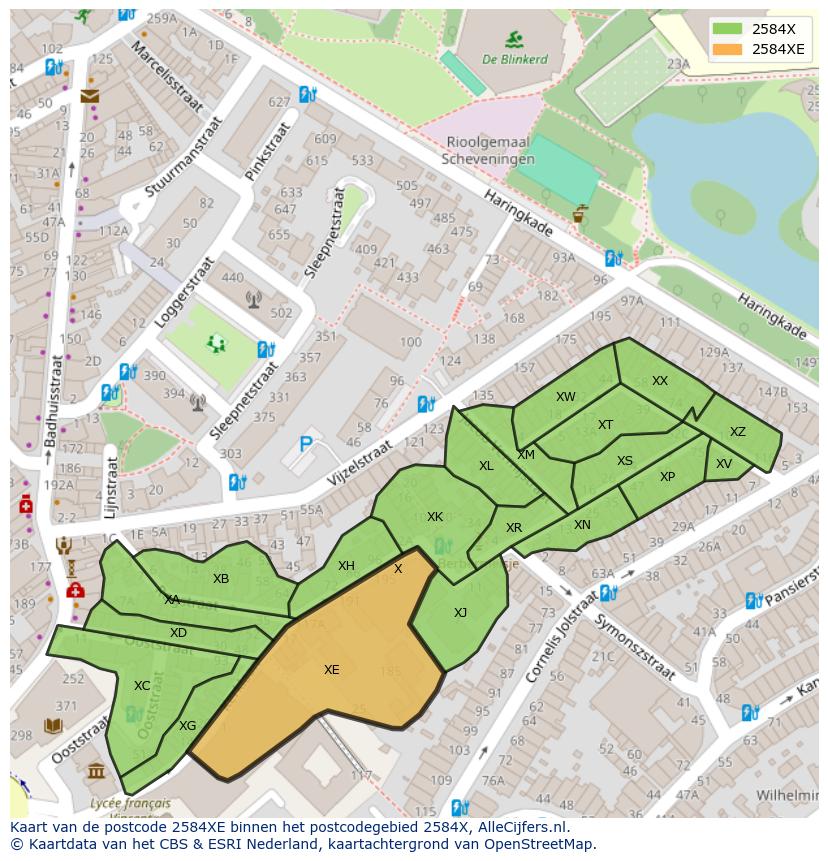 Afbeelding van het postcodegebied 2584 XE op de kaart.