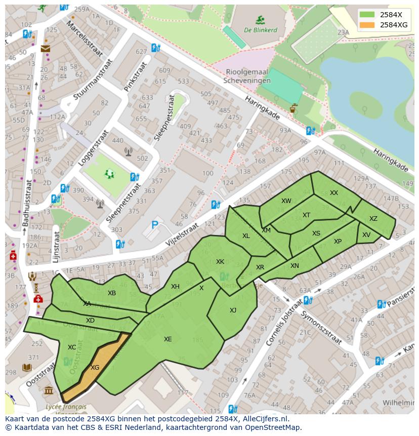 Afbeelding van het postcodegebied 2584 XG op de kaart.