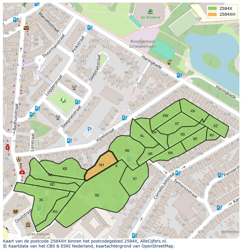 Afbeelding van het postcodegebied 2584 XH op de kaart.
