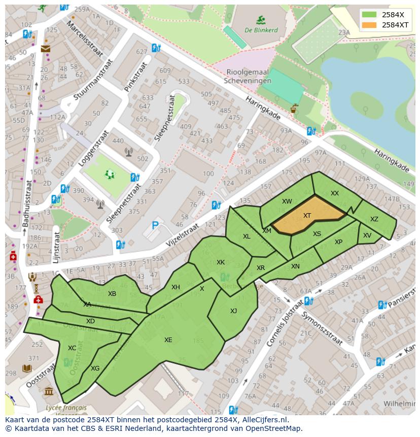 Afbeelding van het postcodegebied 2584 XT op de kaart.