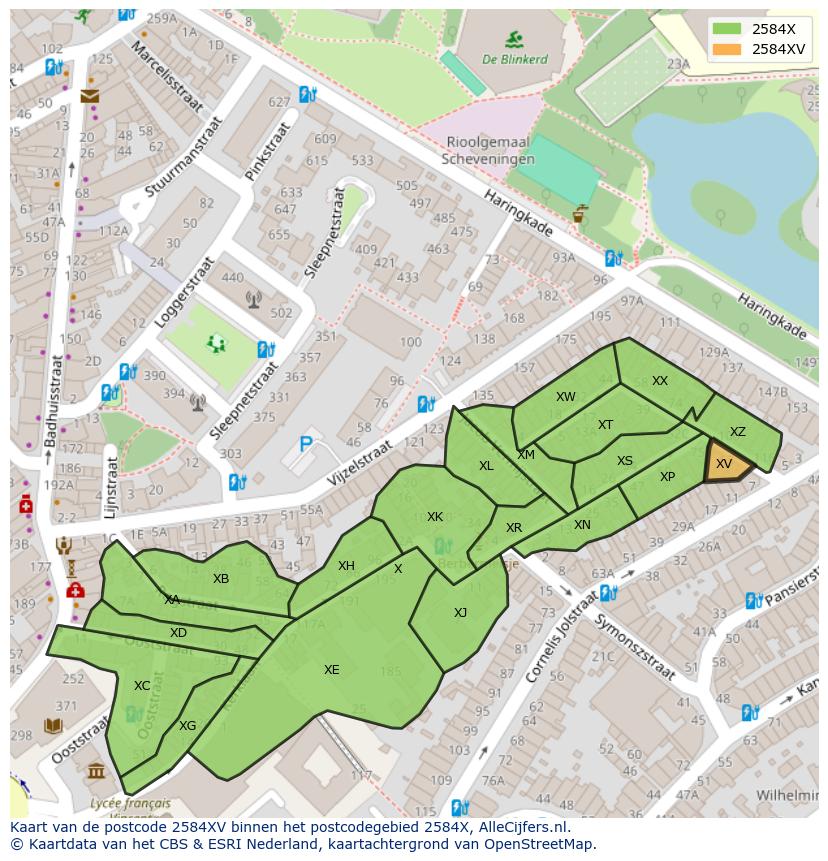 Afbeelding van het postcodegebied 2584 XV op de kaart.