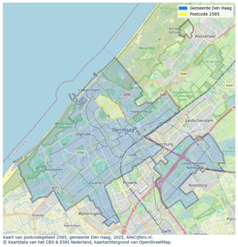 Afbeelding van het postcodegebied 2585 op de kaart.