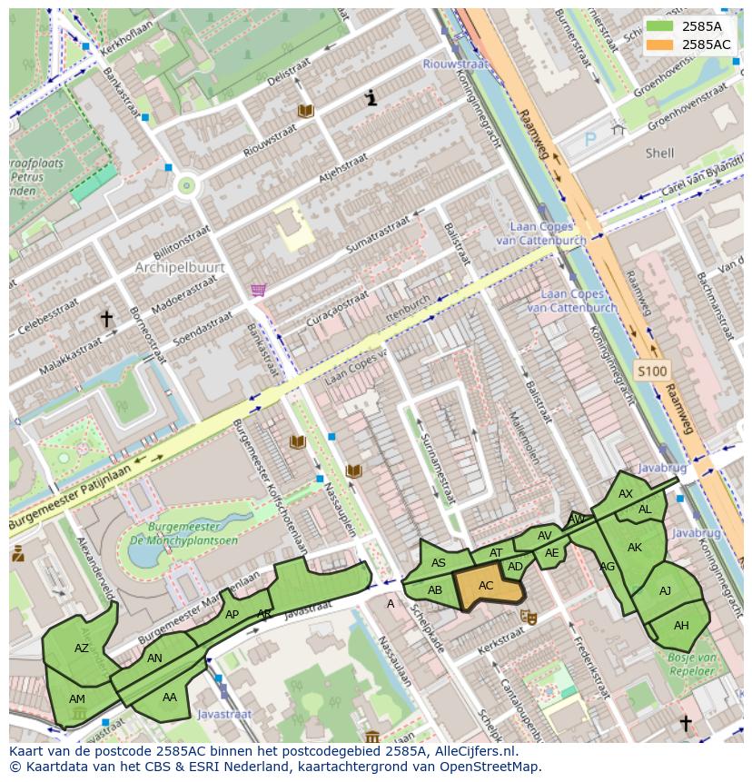 Afbeelding van het postcodegebied 2585 AC op de kaart.
