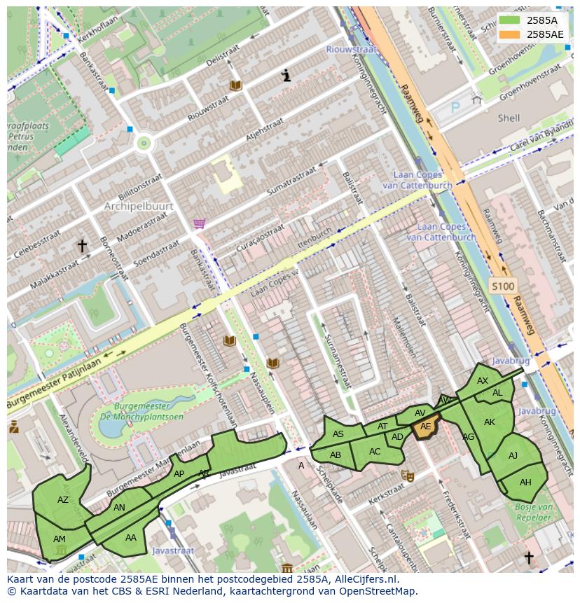 Afbeelding van het postcodegebied 2585 AE op de kaart.