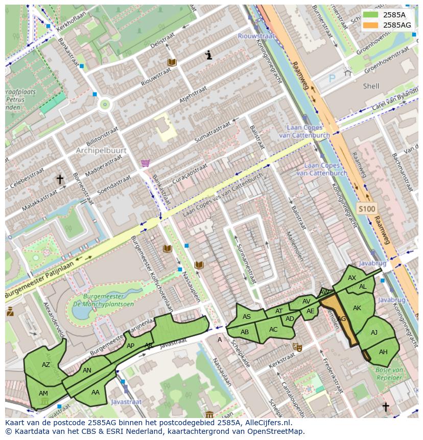 Afbeelding van het postcodegebied 2585 AG op de kaart.