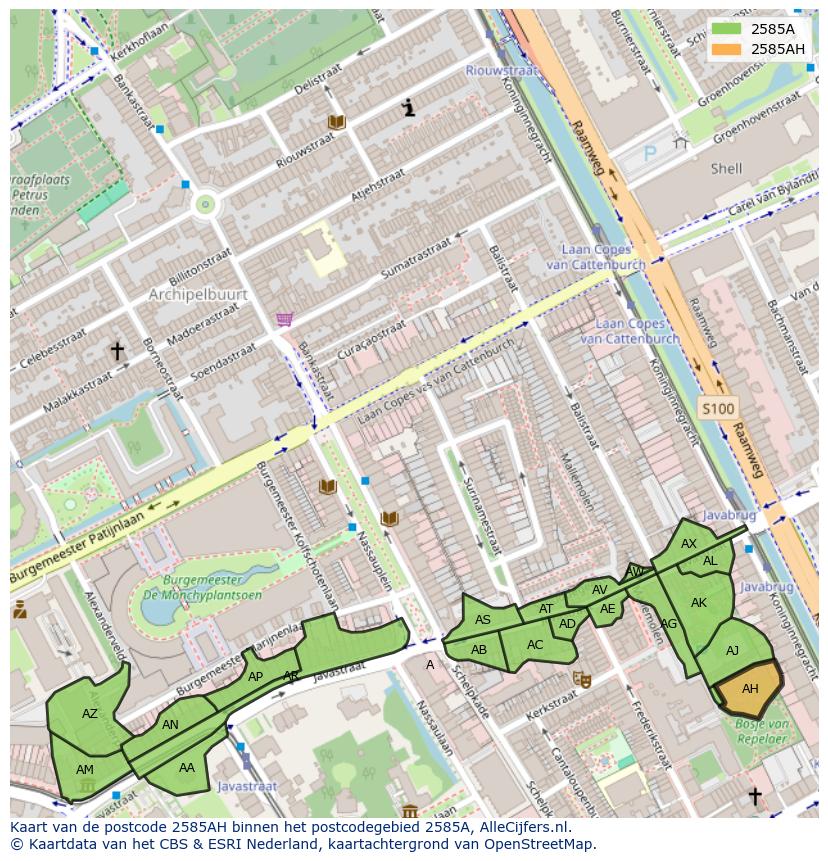 Afbeelding van het postcodegebied 2585 AH op de kaart.