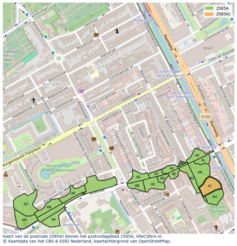 Afbeelding van het postcodegebied 2585 AJ op de kaart.
