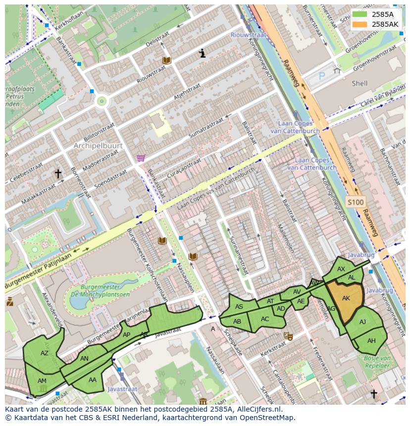 Afbeelding van het postcodegebied 2585 AK op de kaart.