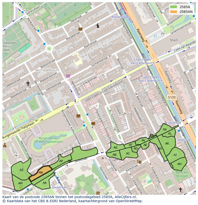 Afbeelding van het postcodegebied 2585 AN op de kaart.