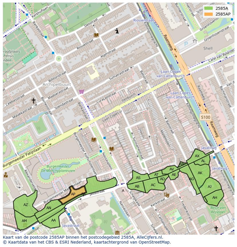 Afbeelding van het postcodegebied 2585 AP op de kaart.