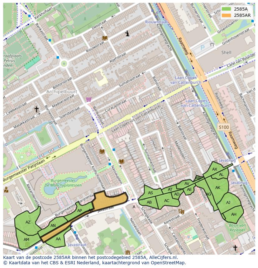Afbeelding van het postcodegebied 2585 AR op de kaart.