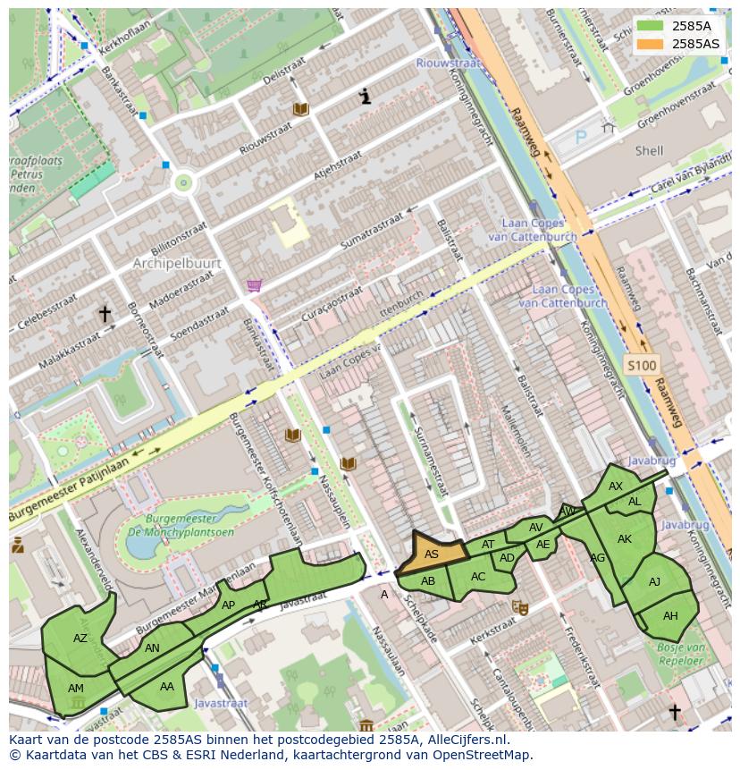 Afbeelding van het postcodegebied 2585 AS op de kaart.