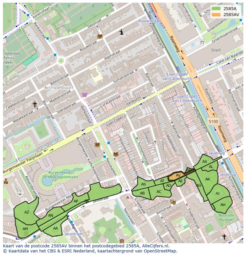 Afbeelding van het postcodegebied 2585 AV op de kaart.