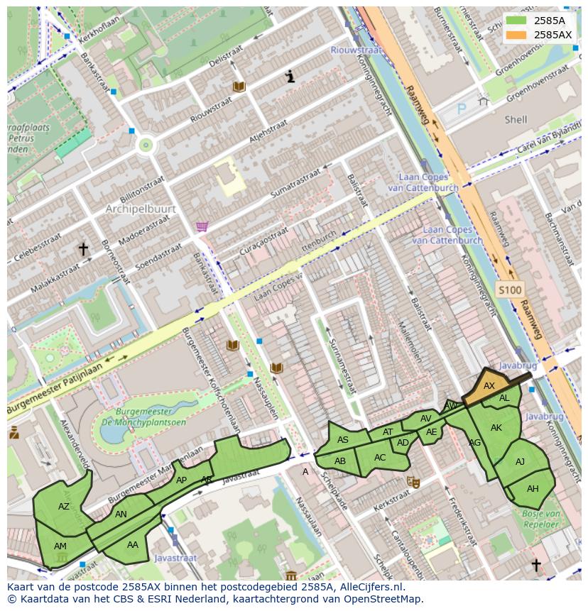 Afbeelding van het postcodegebied 2585 AX op de kaart.