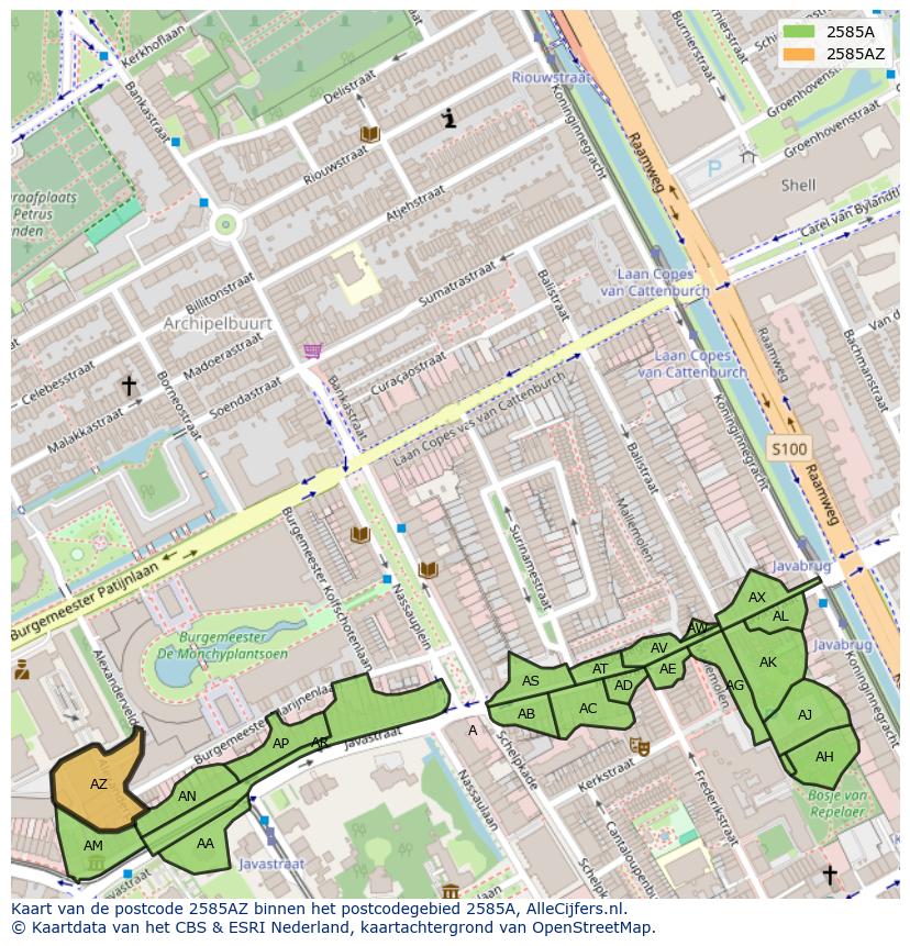 Afbeelding van het postcodegebied 2585 AZ op de kaart.