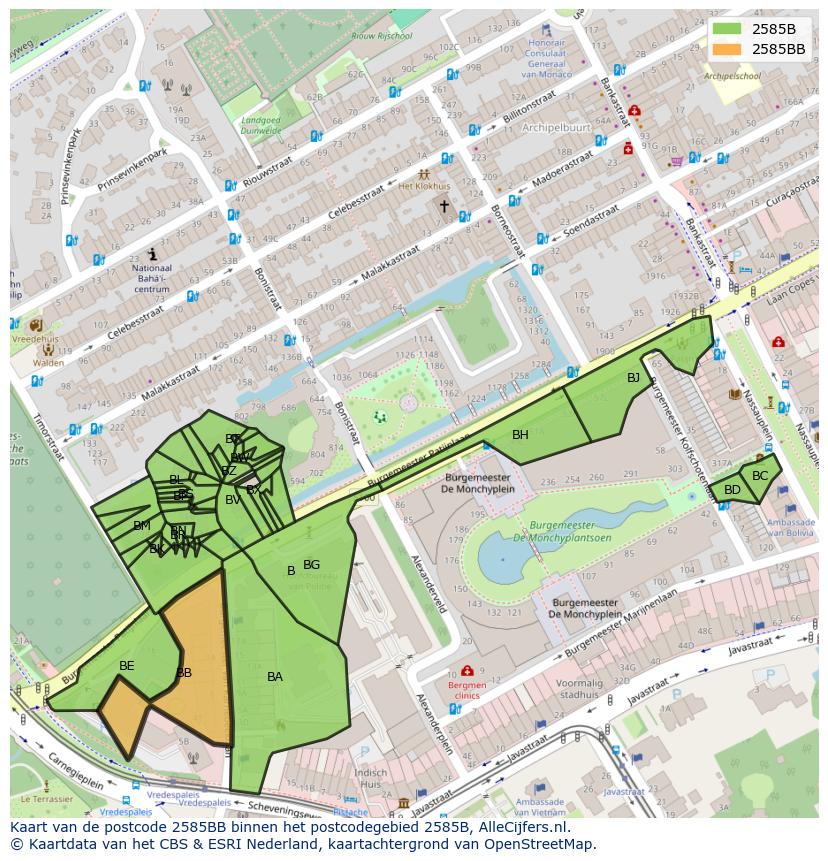 Afbeelding van het postcodegebied 2585 BB op de kaart.