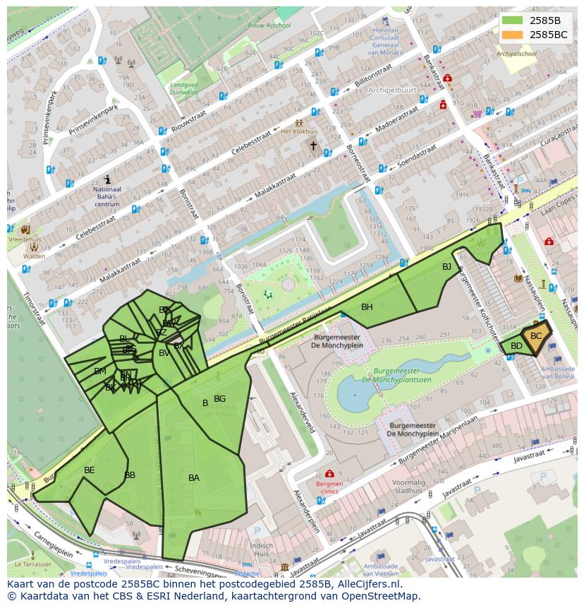 Afbeelding van het postcodegebied 2585 BC op de kaart.