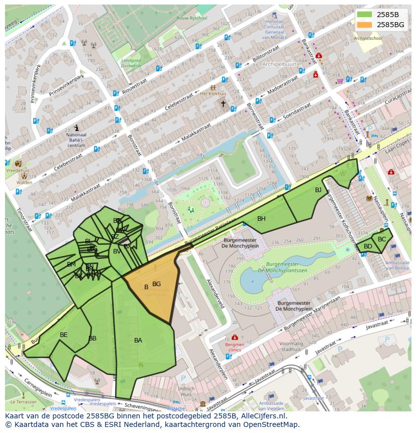 Afbeelding van het postcodegebied 2585 BG op de kaart.