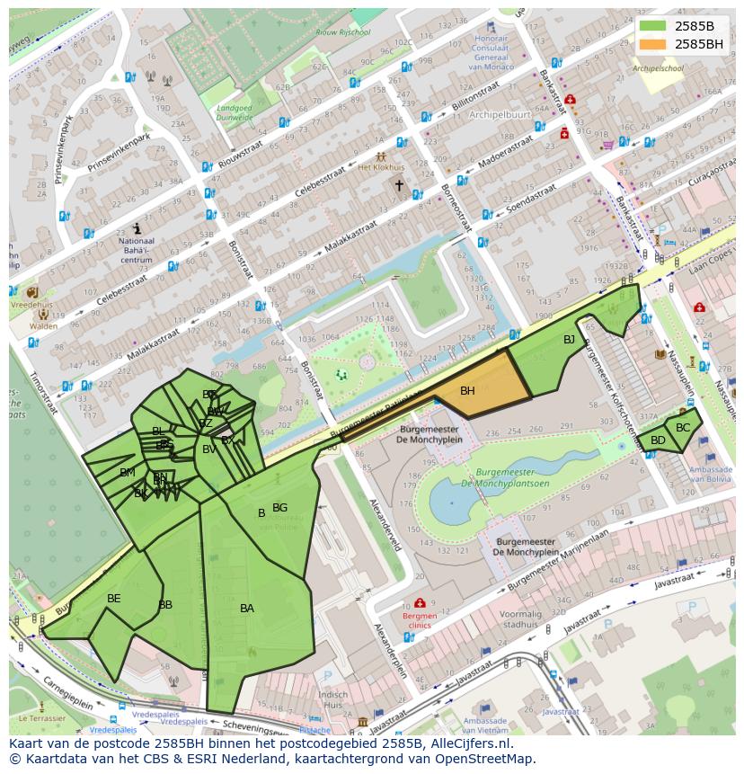 Afbeelding van het postcodegebied 2585 BH op de kaart.