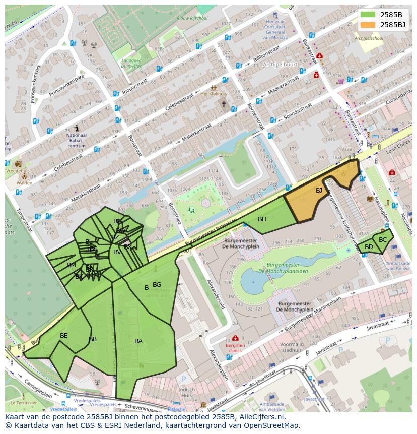 Afbeelding van het postcodegebied 2585 BJ op de kaart.