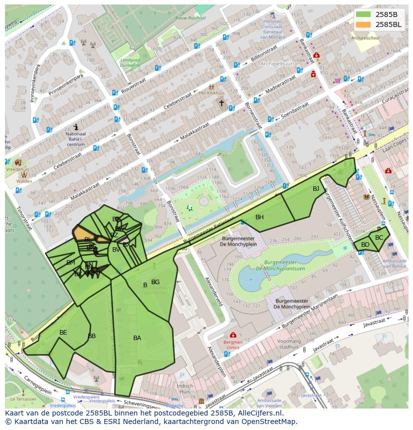 Afbeelding van het postcodegebied 2585 BL op de kaart.