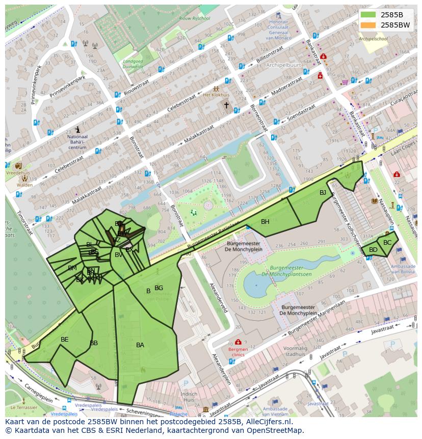 Afbeelding van het postcodegebied 2585 BW op de kaart.
