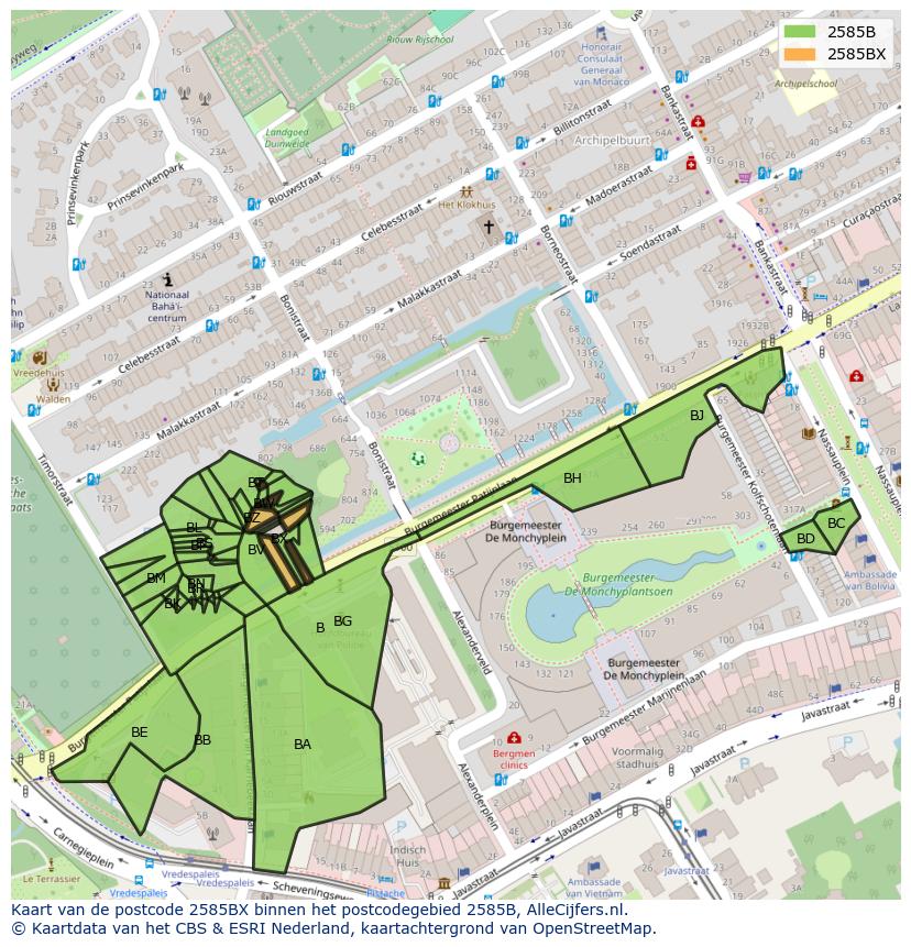 Afbeelding van het postcodegebied 2585 BX op de kaart.