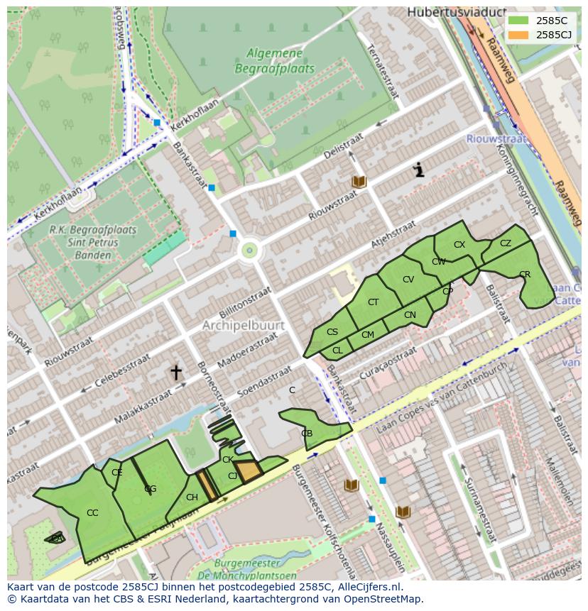 Afbeelding van het postcodegebied 2585 CJ op de kaart.