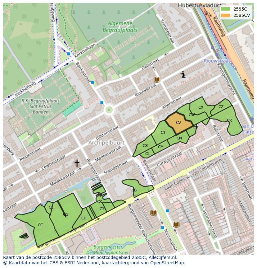 Afbeelding van het postcodegebied 2585 CV op de kaart.
