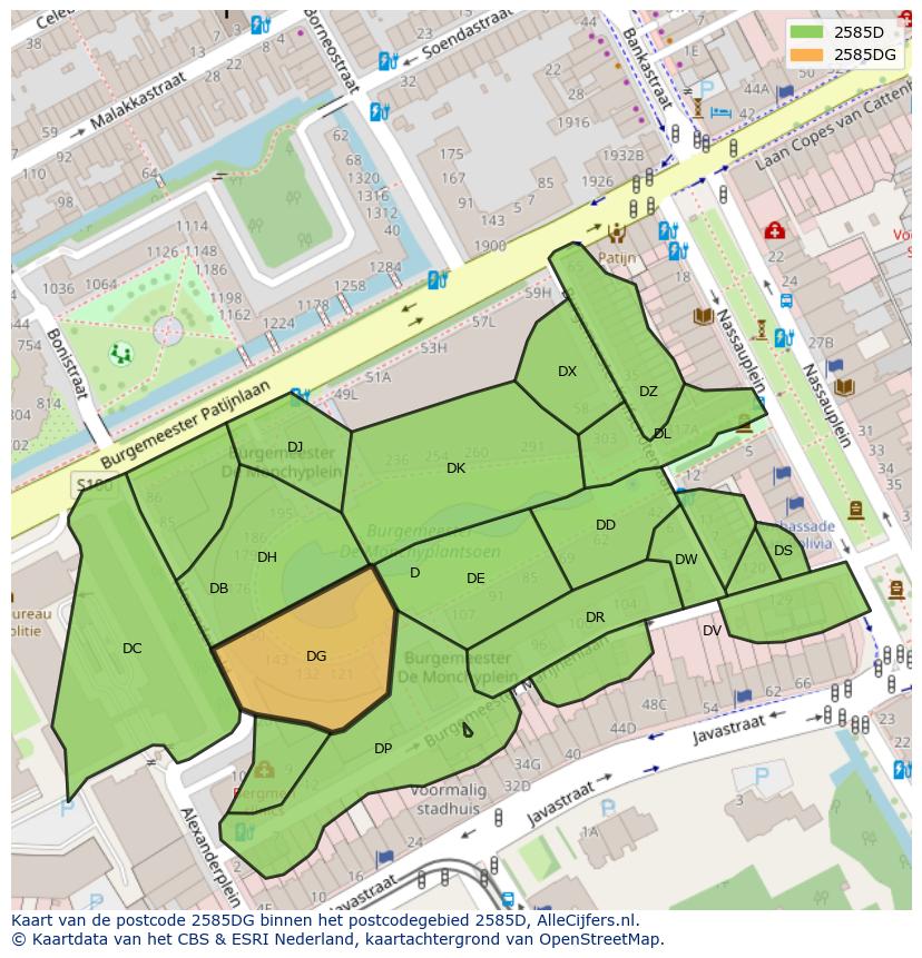 Afbeelding van het postcodegebied 2585 DG op de kaart.