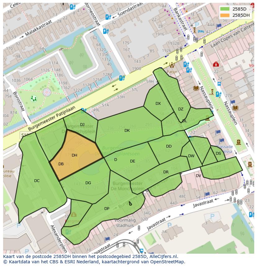 Afbeelding van het postcodegebied 2585 DH op de kaart.