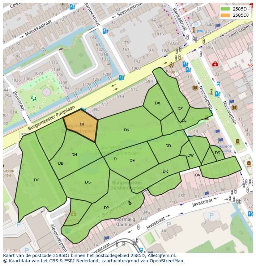 Afbeelding van het postcodegebied 2585 DJ op de kaart.