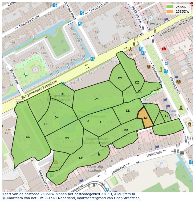 Afbeelding van het postcodegebied 2585 DW op de kaart.