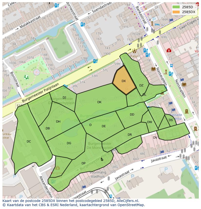 Afbeelding van het postcodegebied 2585 DX op de kaart.