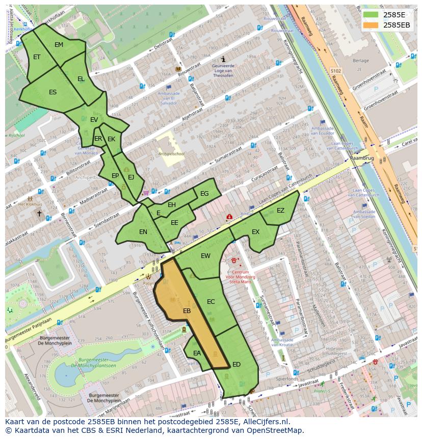 Afbeelding van het postcodegebied 2585 EB op de kaart.