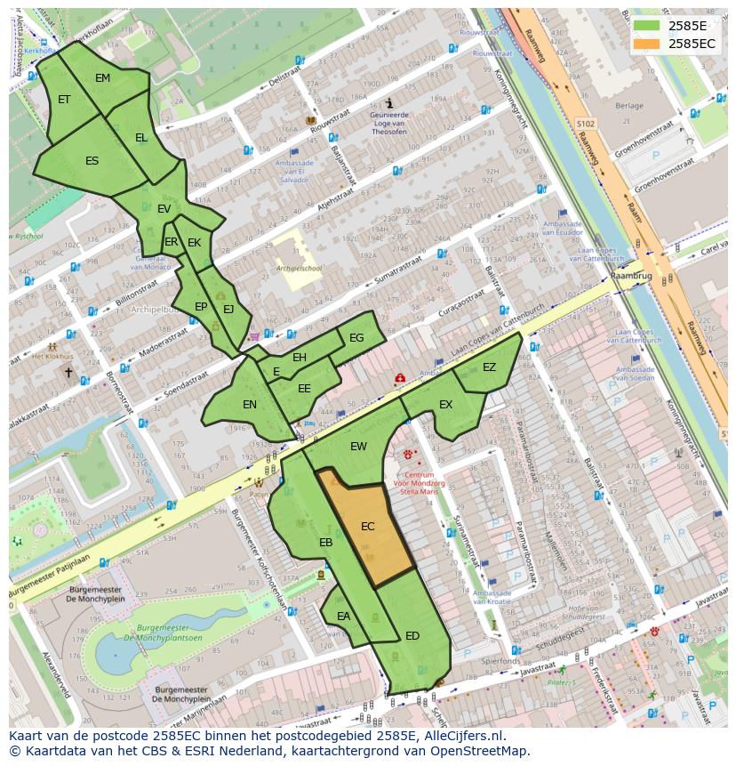 Afbeelding van het postcodegebied 2585 EC op de kaart.