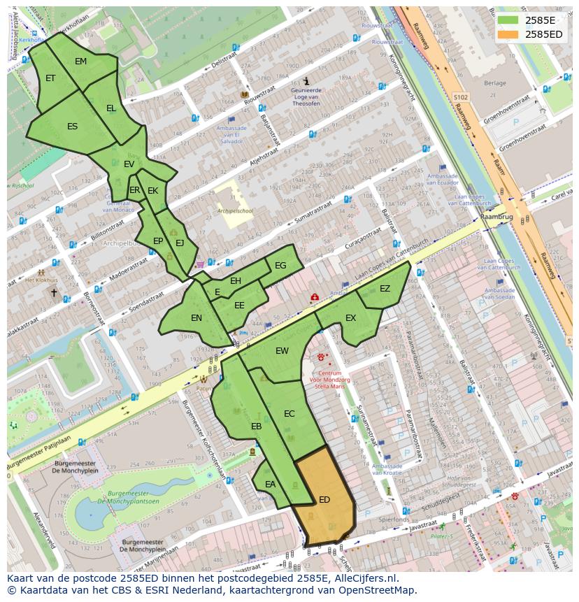 Afbeelding van het postcodegebied 2585 ED op de kaart.