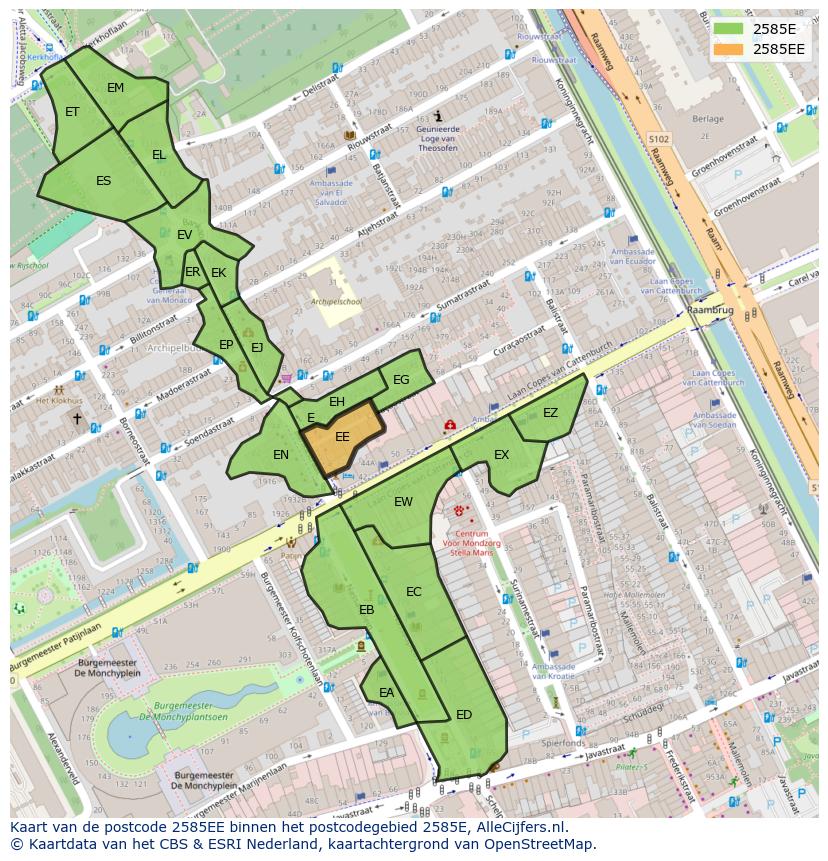 Afbeelding van het postcodegebied 2585 EE op de kaart.