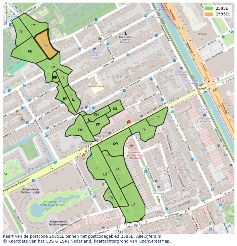Afbeelding van het postcodegebied 2585 EL op de kaart.