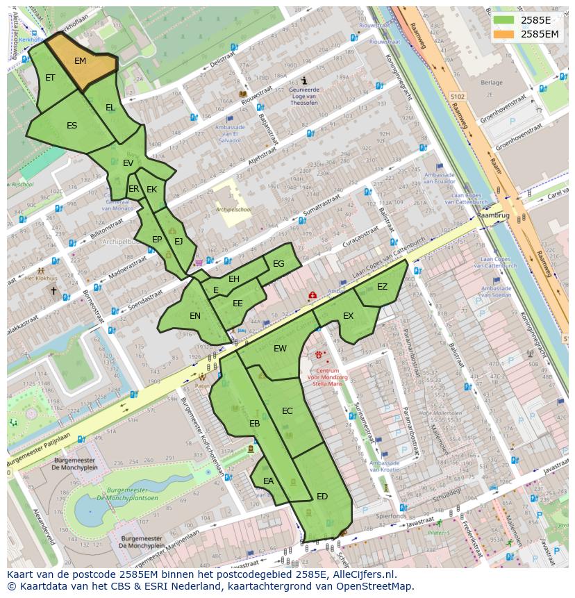 Afbeelding van het postcodegebied 2585 EM op de kaart.