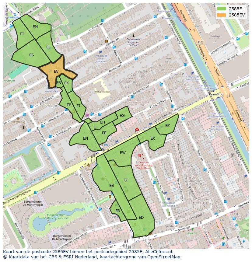 Afbeelding van het postcodegebied 2585 EV op de kaart.