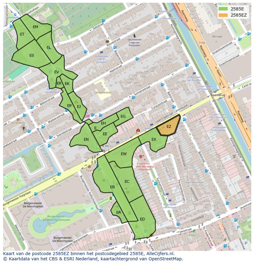 Afbeelding van het postcodegebied 2585 EZ op de kaart.