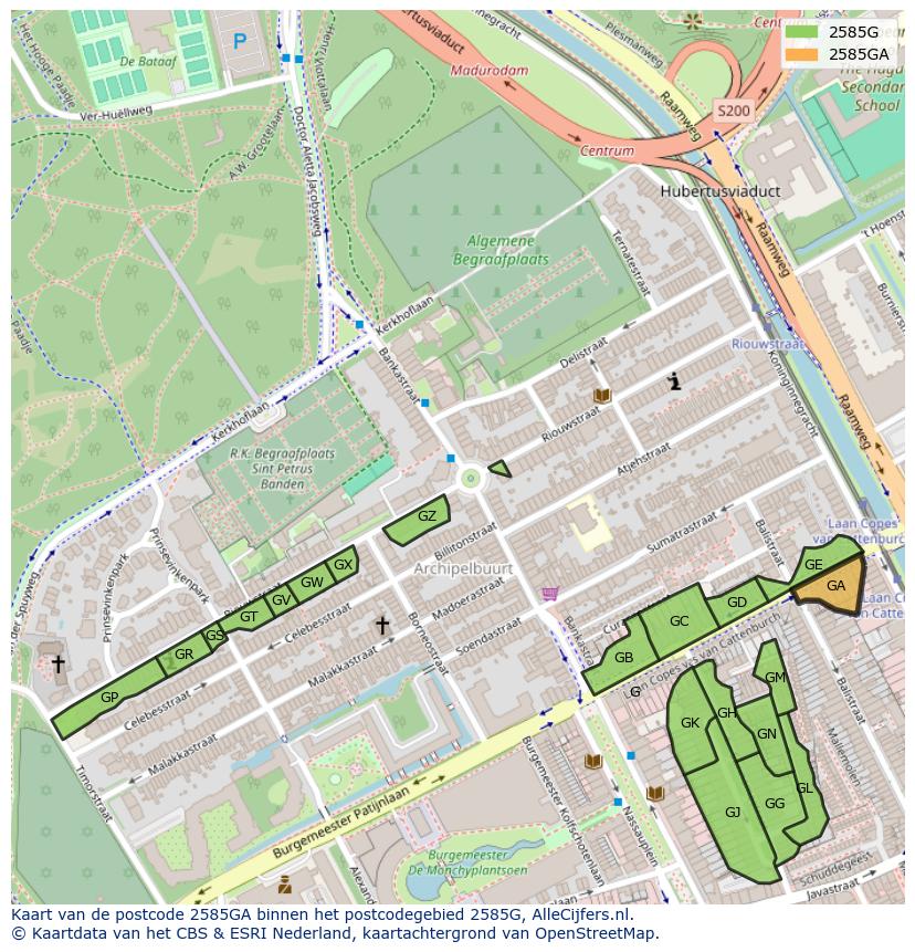 Afbeelding van het postcodegebied 2585 GA op de kaart.