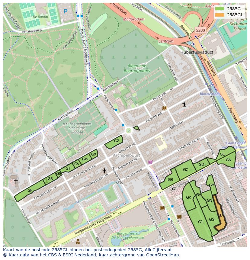 Afbeelding van het postcodegebied 2585 GL op de kaart.