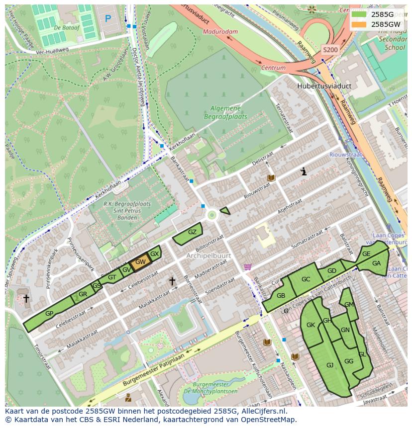 Afbeelding van het postcodegebied 2585 GW op de kaart.