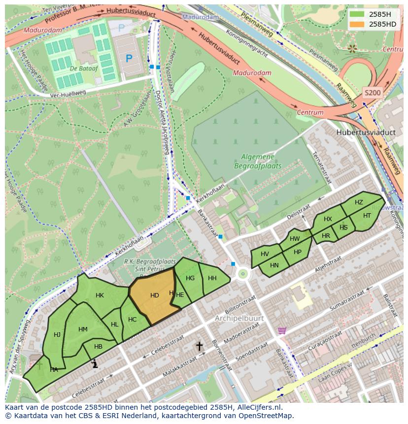 Afbeelding van het postcodegebied 2585 HD op de kaart.
