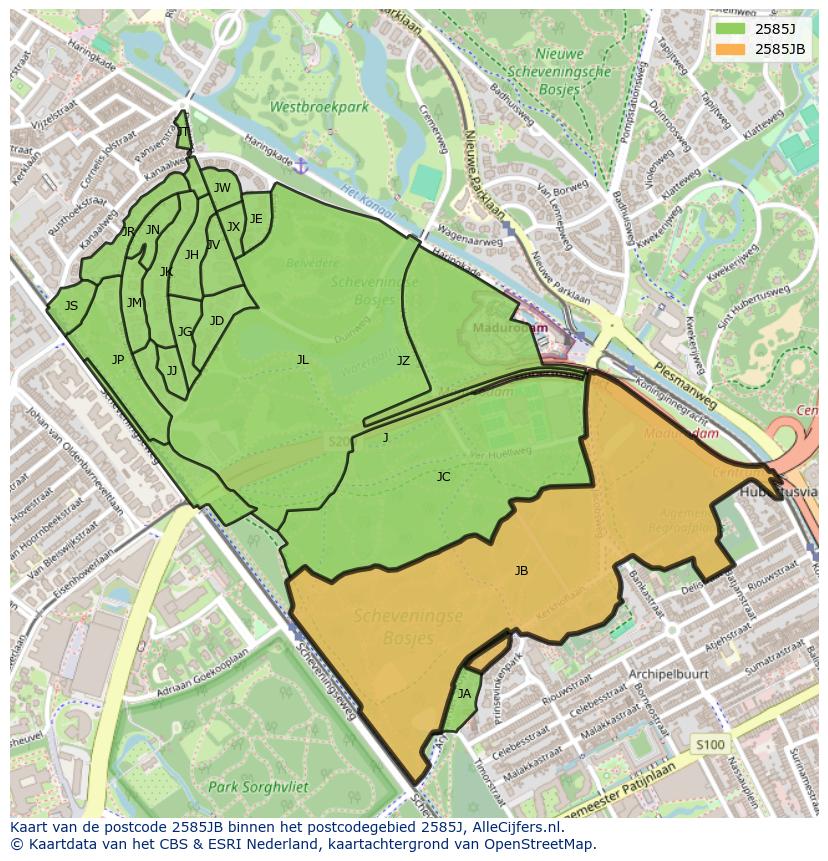 Afbeelding van het postcodegebied 2585 JB op de kaart.