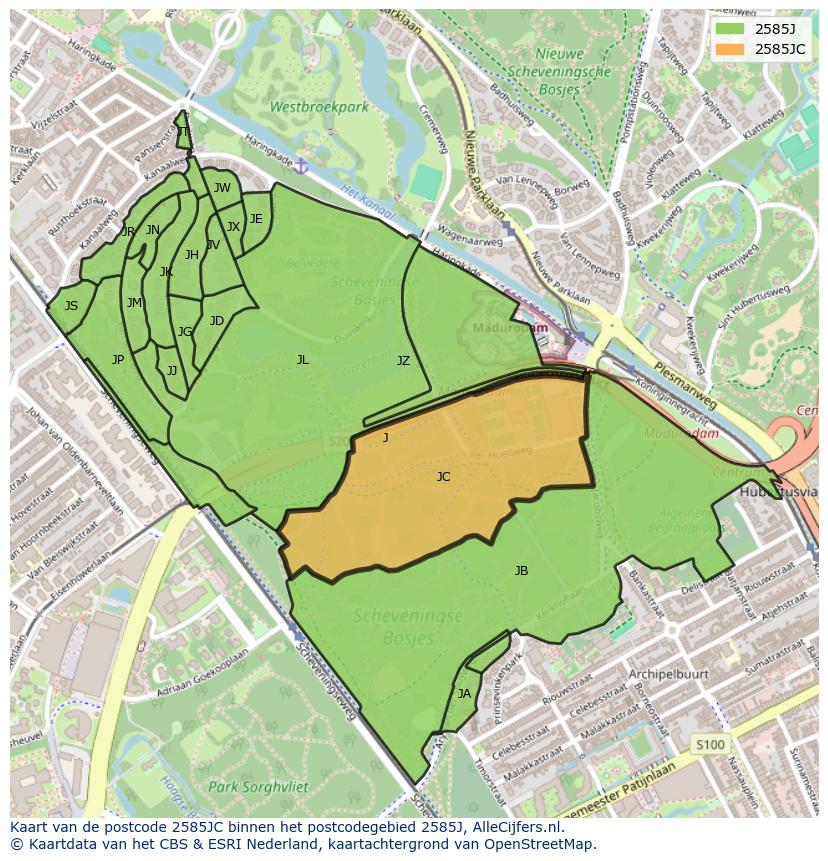 Afbeelding van het postcodegebied 2585 JC op de kaart.