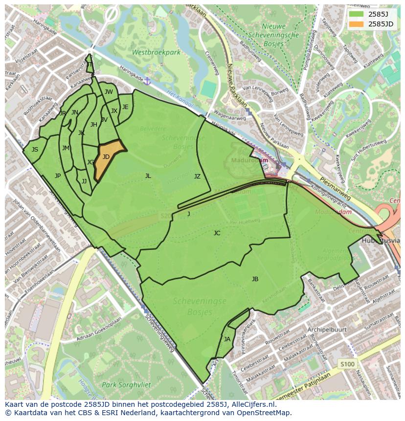 Afbeelding van het postcodegebied 2585 JD op de kaart.